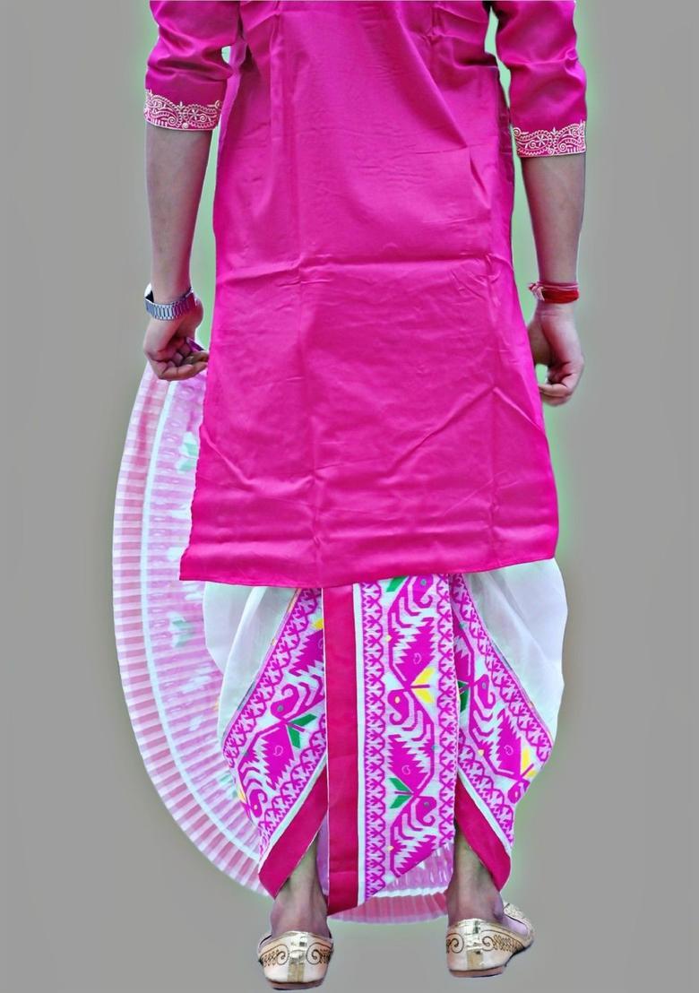 White Printed Silk Dhoti For Men  - Indya