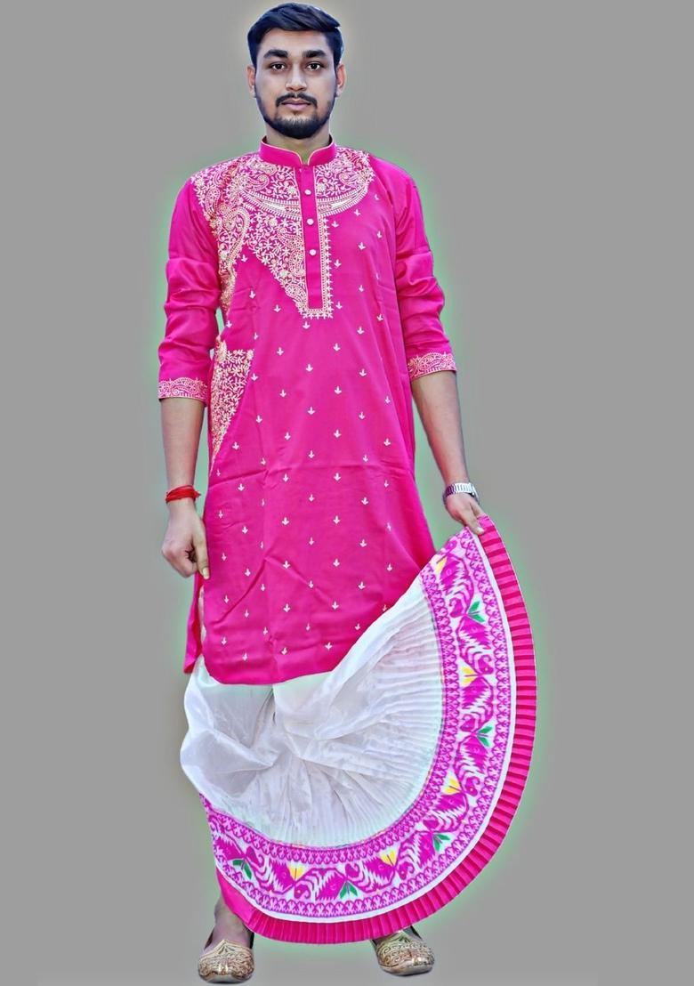 White Printed Silk Dhoti For Men  - Indya