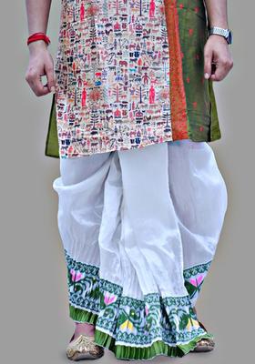 White Printed Silk Dhoti For Men 