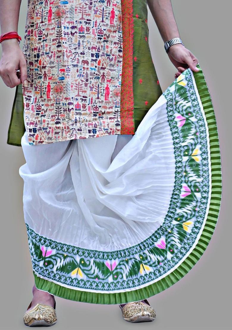 White Printed Silk Dhoti For Men  - Indya