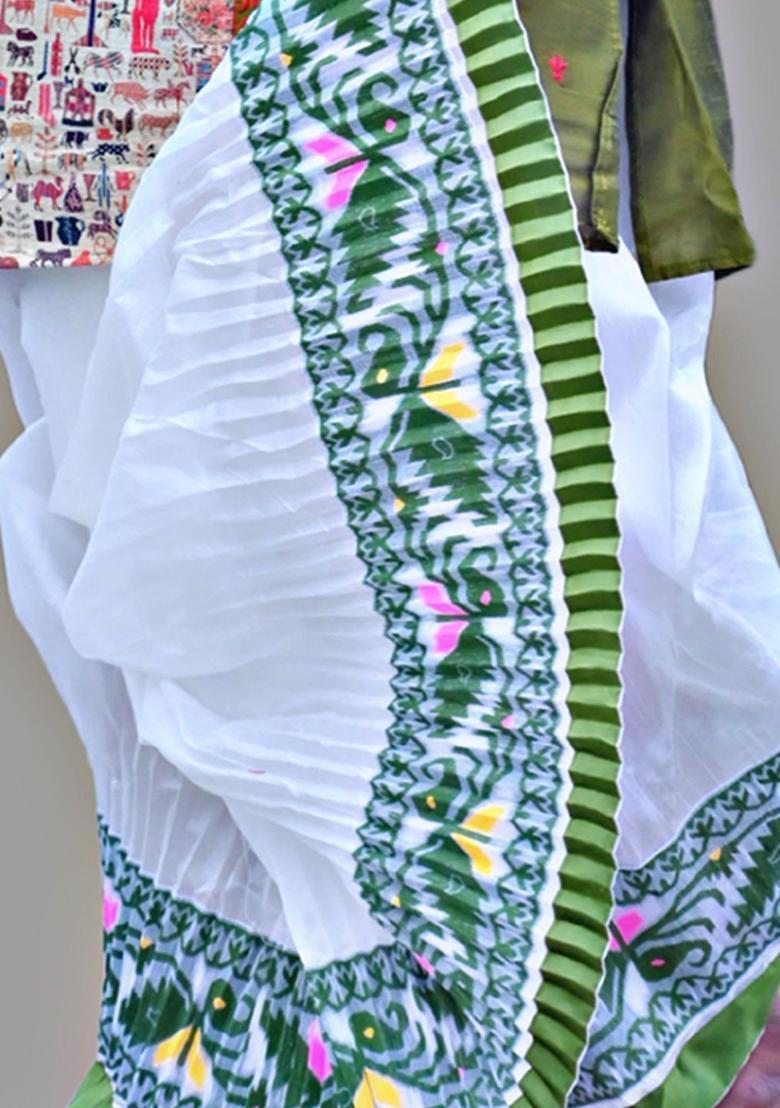 White Printed Silk Dhoti For Men  - Indya