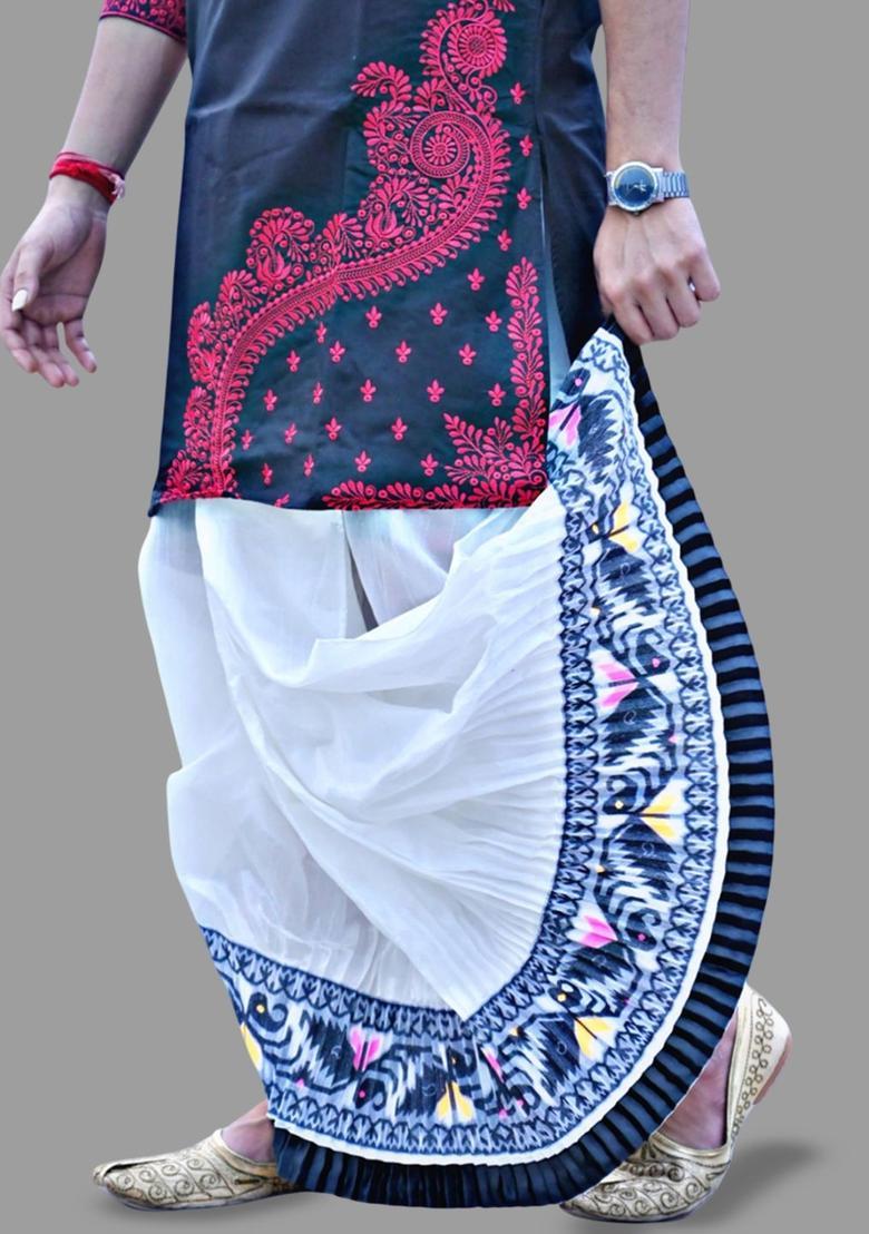 White Printed Silk Dhoti For Men  - Indya