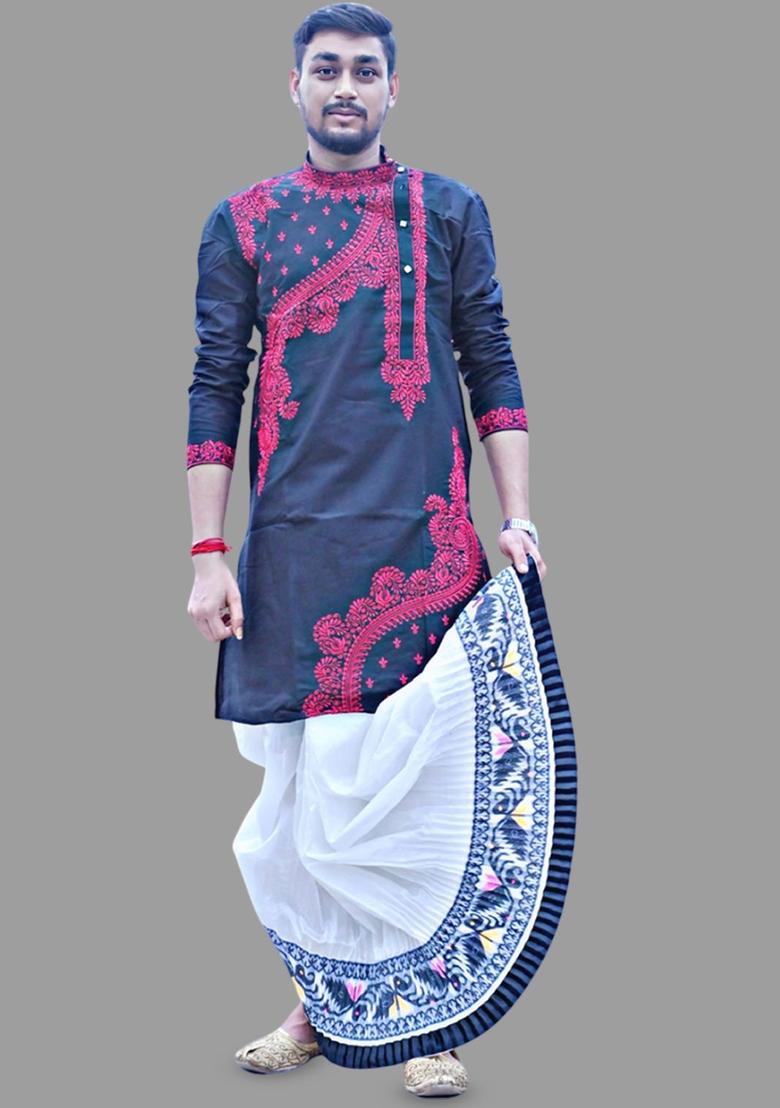White Printed Silk Dhoti For Men  - Indya