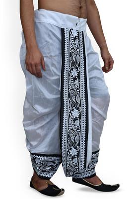 White Printed Silk Dhoti For Men 