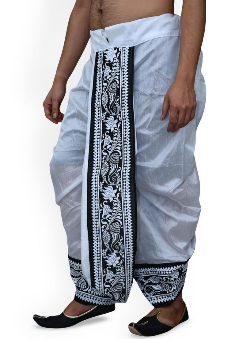 White Printed Silk Dhoti For Men  - Indya