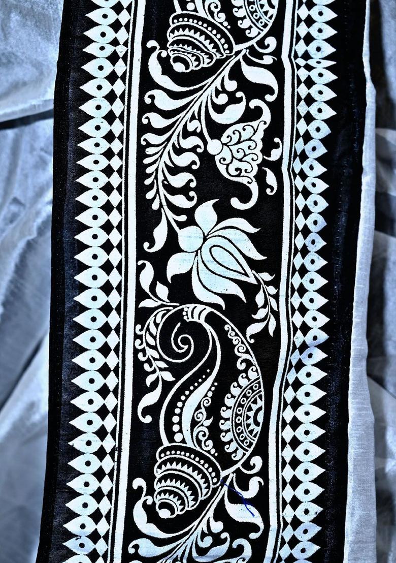 White Printed Silk Dhoti For Men  - Indya