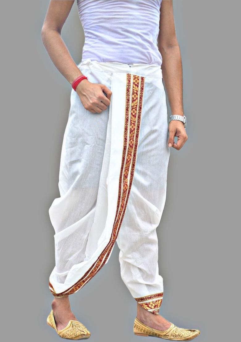 White Printed Silk Dhoti For Men  - Indya