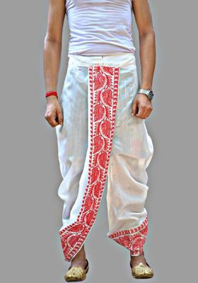 White Printed Silk Dhoti For Men 