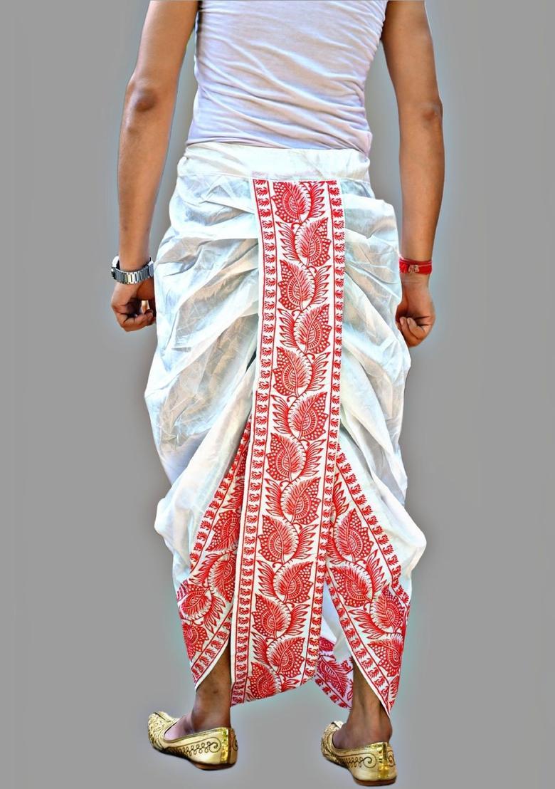 White Printed Silk Dhoti For Men  - Indya
