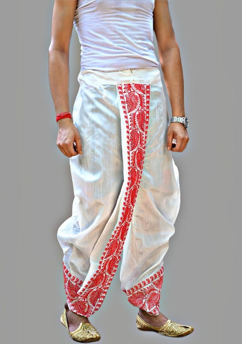 White Printed Silk Dhoti For Men  - Indya