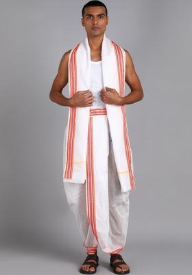 White Striped Cotton Dhoti For Men 