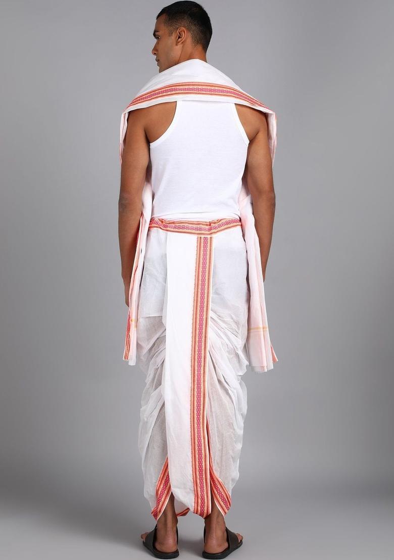 White Striped Cotton Dhoti For Men  - Indya