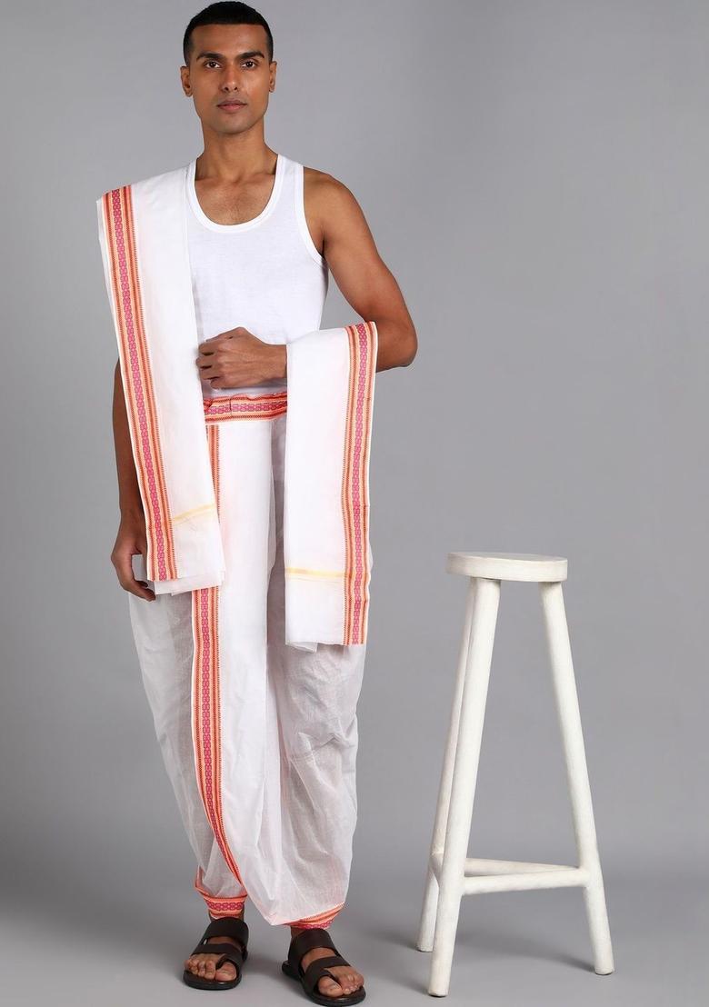 White Striped Cotton Dhoti For Men  - Indya