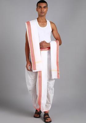 White Striped Cotton Dhoti For Men 
