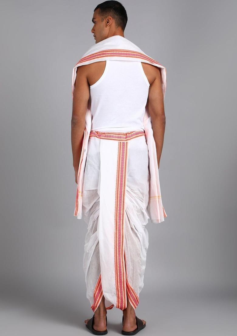 White Striped Cotton Dhoti For Men  - Indya