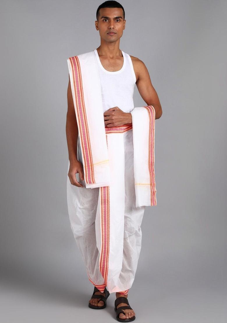 White Striped Cotton Dhoti For Men  - Indya
