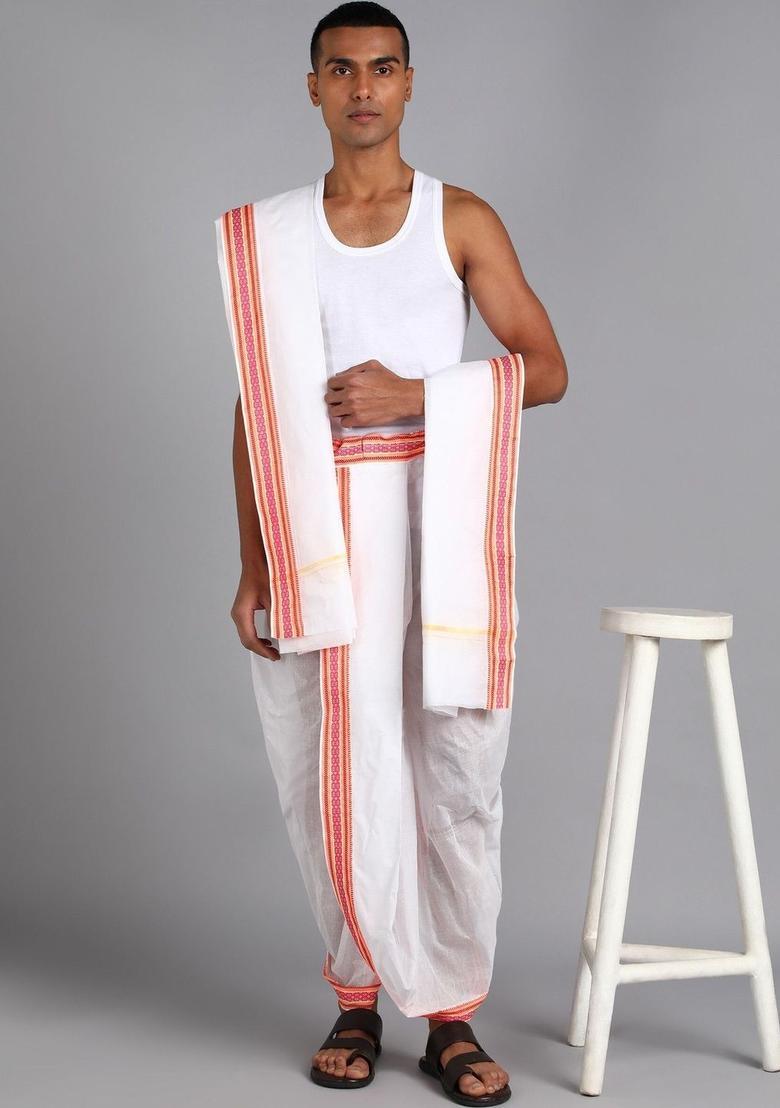 White Striped Cotton Dhoti For Men  - Indya