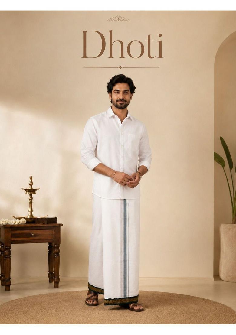 White Striped Cotton Dhoti For Men  - Indya