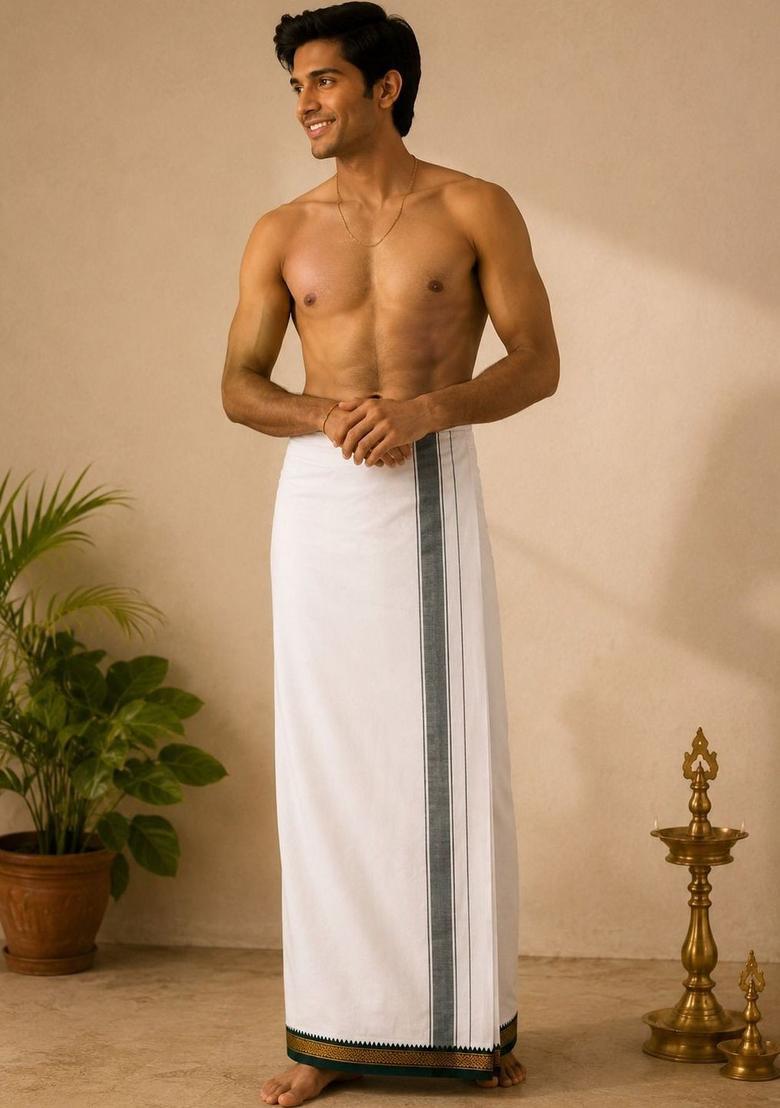 White Striped Cotton Dhoti For Men  - Indya