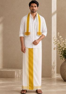 White Striped Cotton Dhoti For Men 