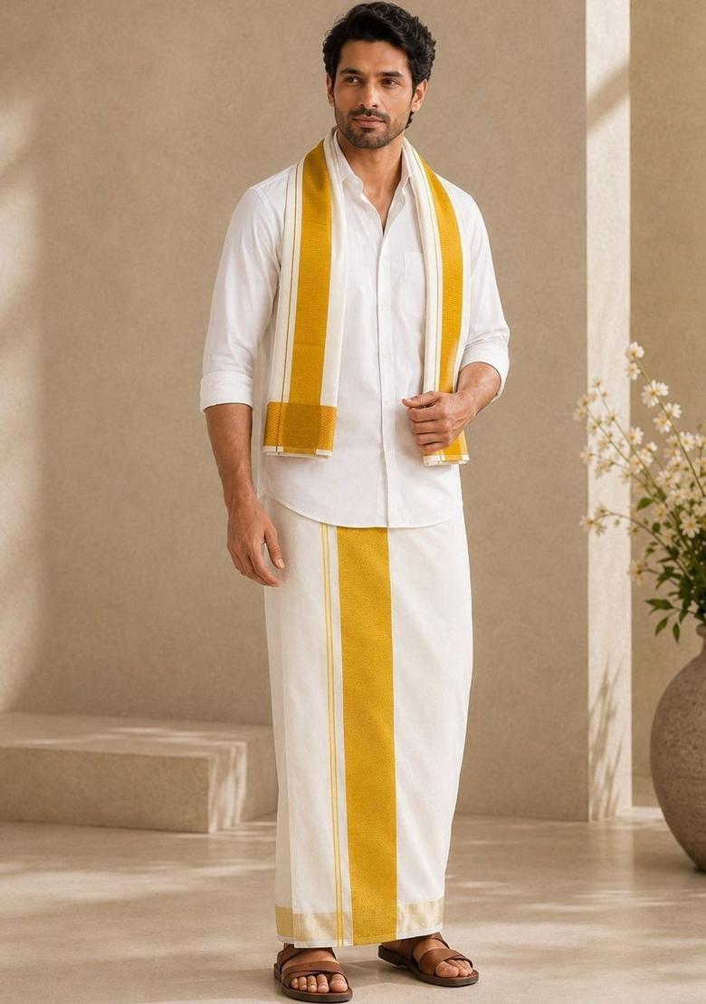 White Striped Cotton Dhoti For Men  - Indya