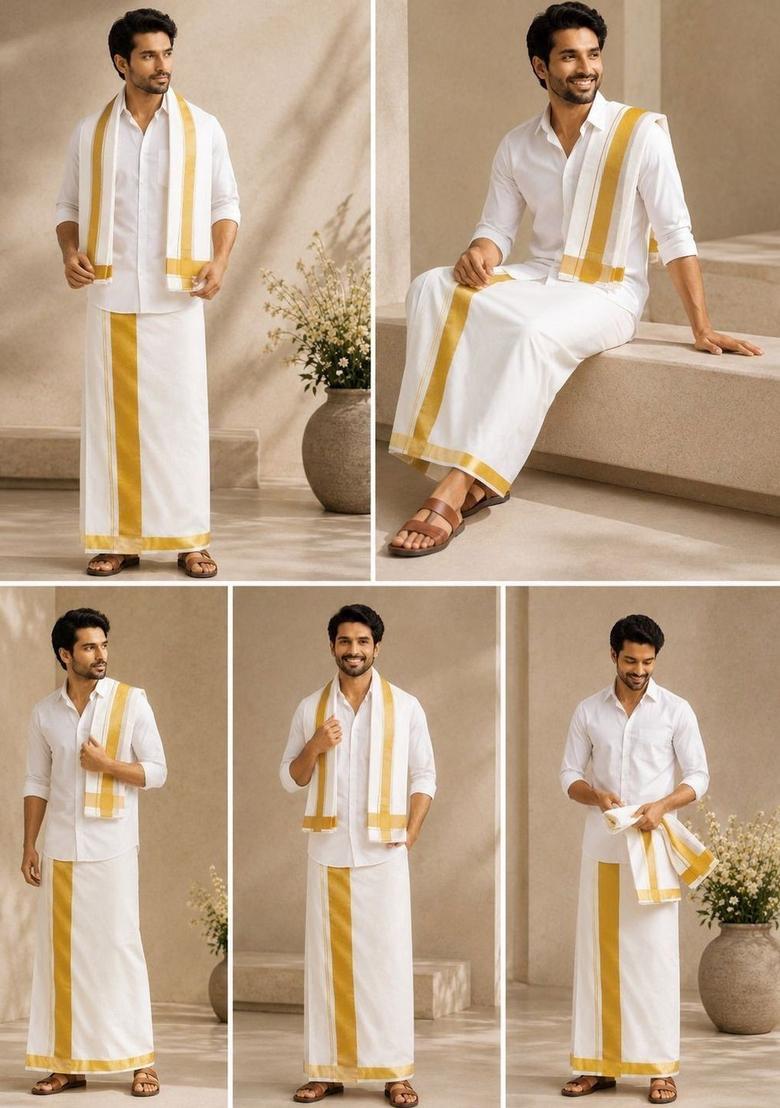 White Striped Cotton Dhoti For Men  - Indya