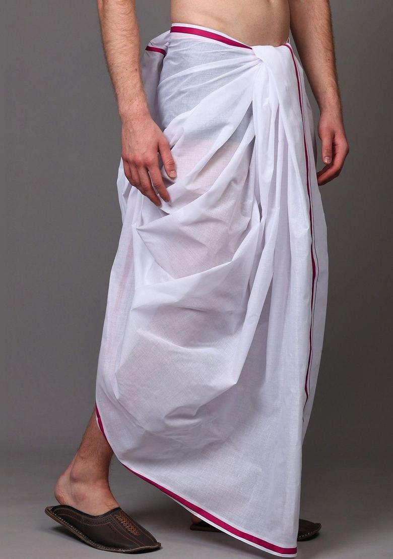 White Striped Cotton Dhoti For Men  - Indya