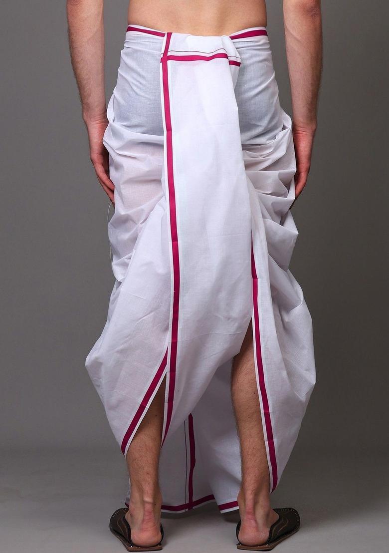 White Striped Cotton Dhoti For Men  - Indya