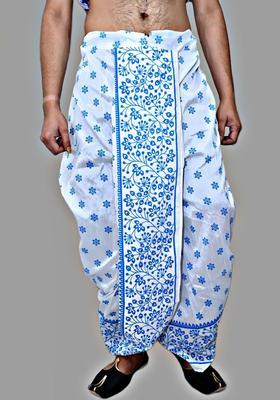 White Printed Silk Dhoti For Men 