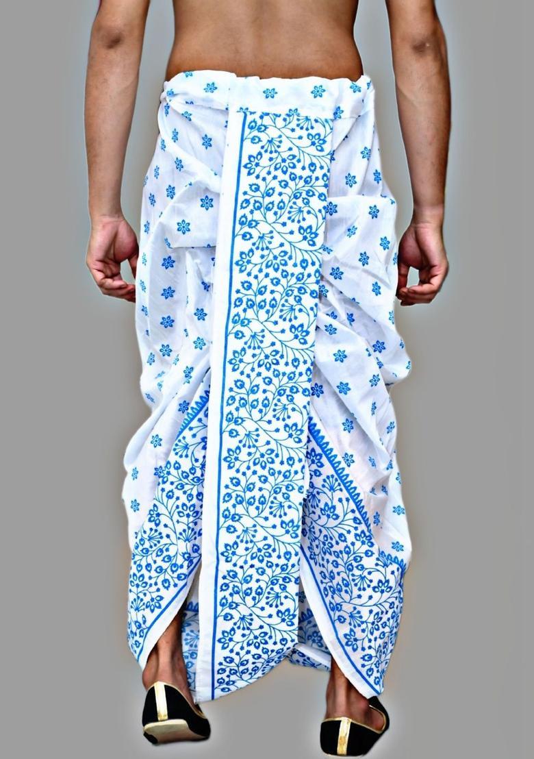 White Printed Silk Dhoti For Men  - Indya