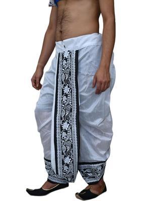 White Printed Silk Dhoti For Men 