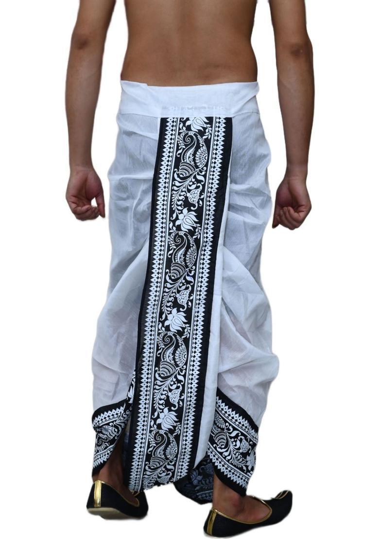 White Printed Silk Dhoti For Men  - Indya