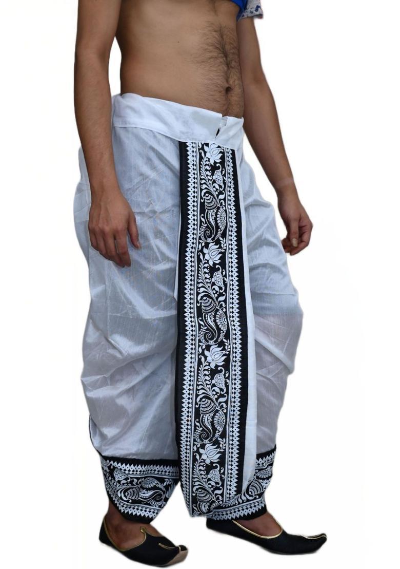 White Printed Silk Dhoti For Men  - Indya