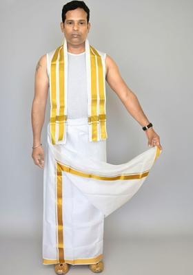 White Striped Cotton Dhoti For Men 
