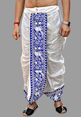 White Printed Silk Dhoti For Men 