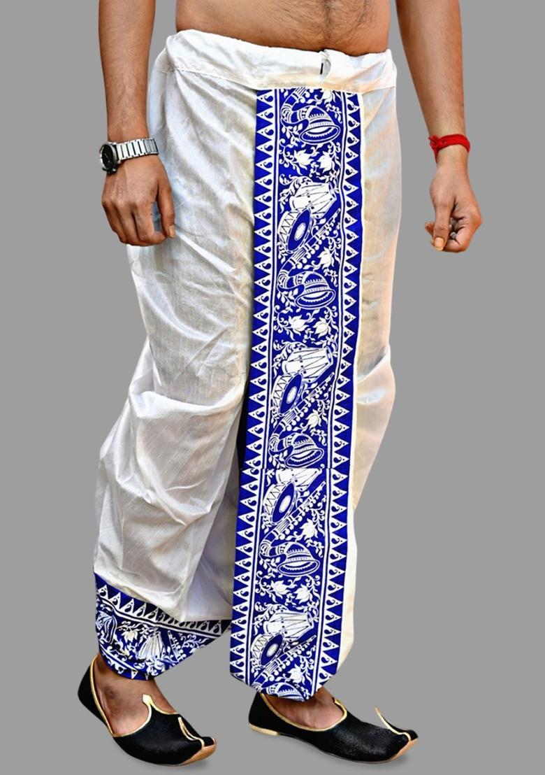 White Printed Silk Dhoti For Men  - Indya