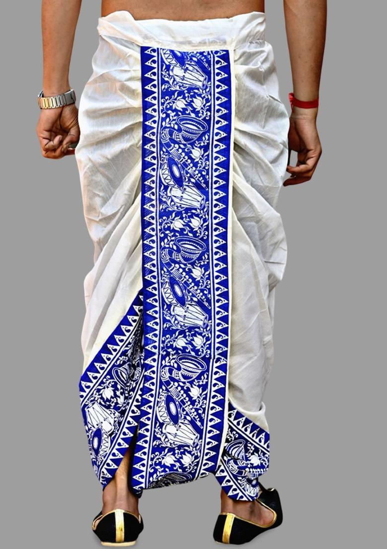 White Printed Silk Dhoti For Men  - Indya