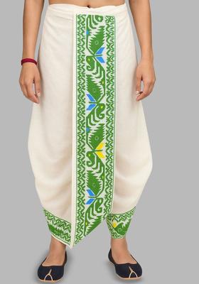 White Printed Silk Dhoti For Men 