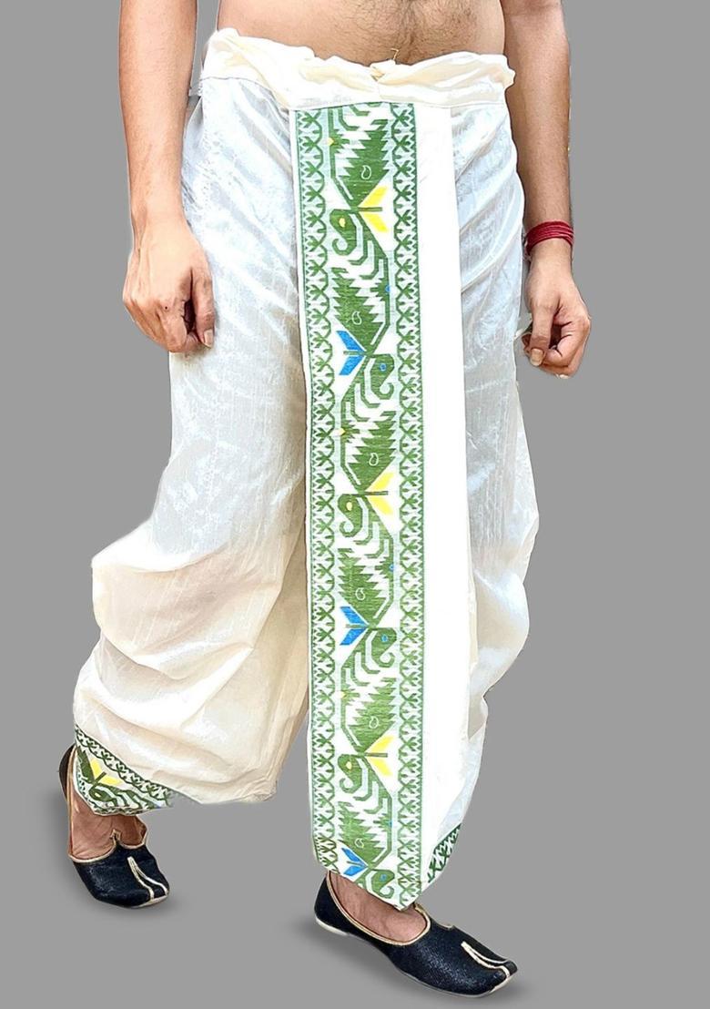 White Printed Silk Dhoti For Men  - Indya