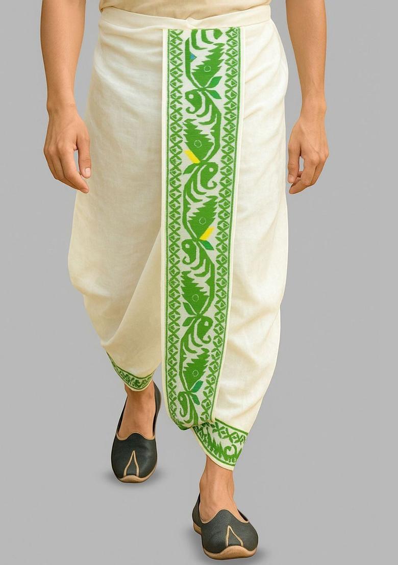 White Printed Silk Dhoti For Men  - Indya