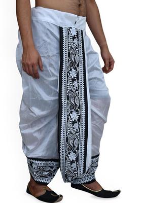 White Printed Silk Dhoti For Men 