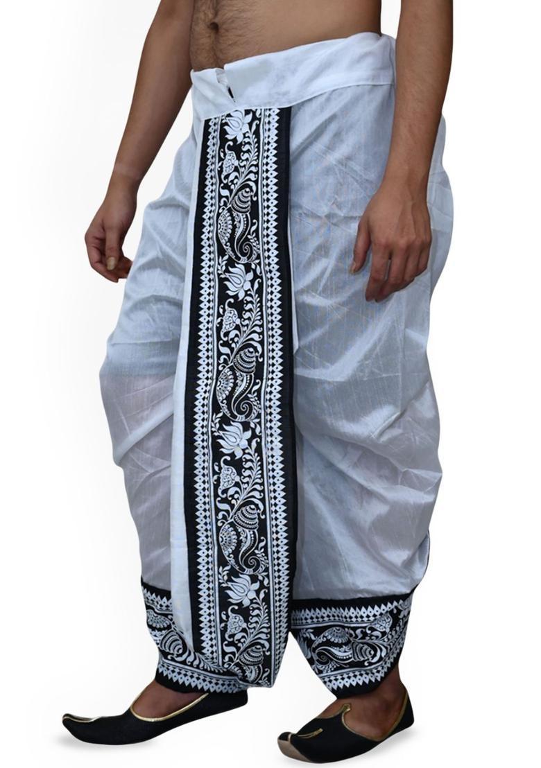 White Printed Silk Dhoti For Men  - Indya