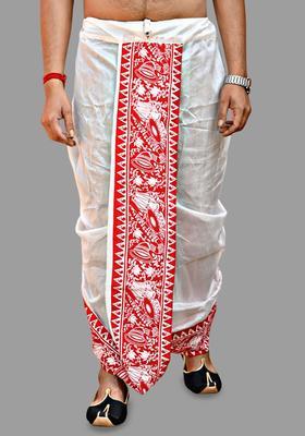 White Printed Silk Dhoti For Men 