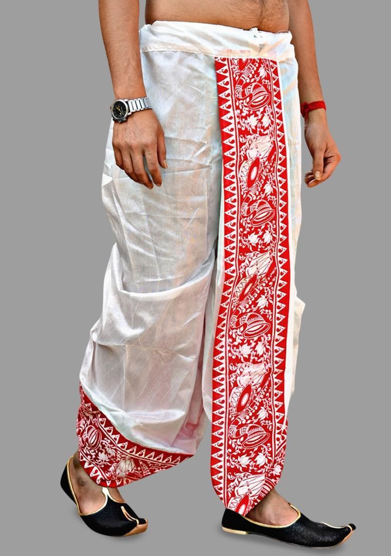 White Printed Silk Dhoti For Men  - Indya