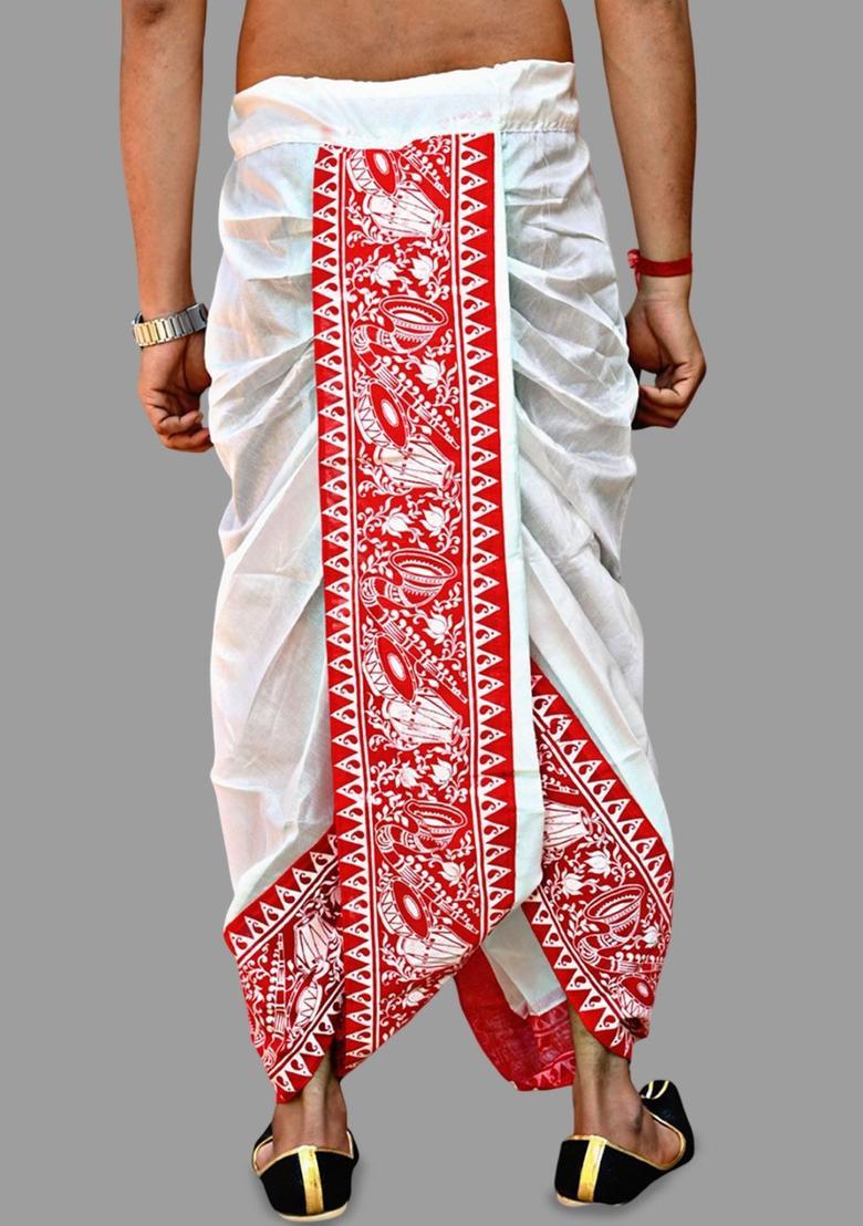 White Printed Silk Dhoti For Men  - Indya