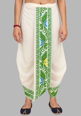 White Printed Silk Dhoti For Men 