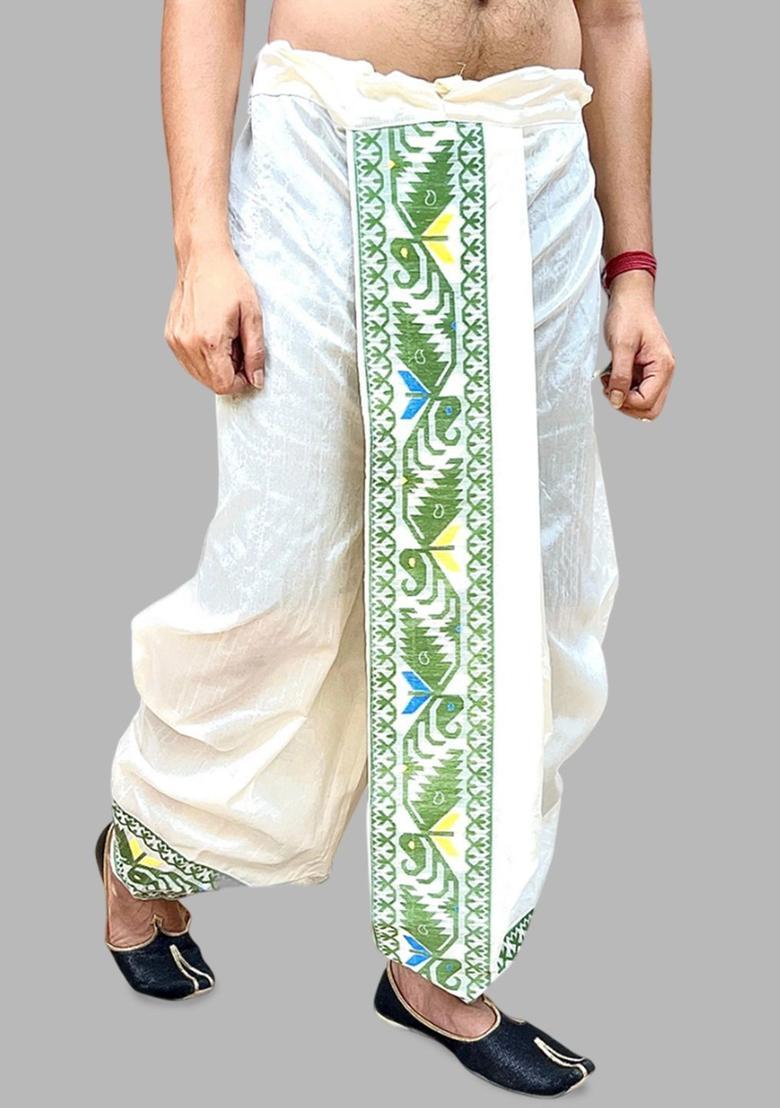 White Printed Silk Dhoti For Men  - Indya