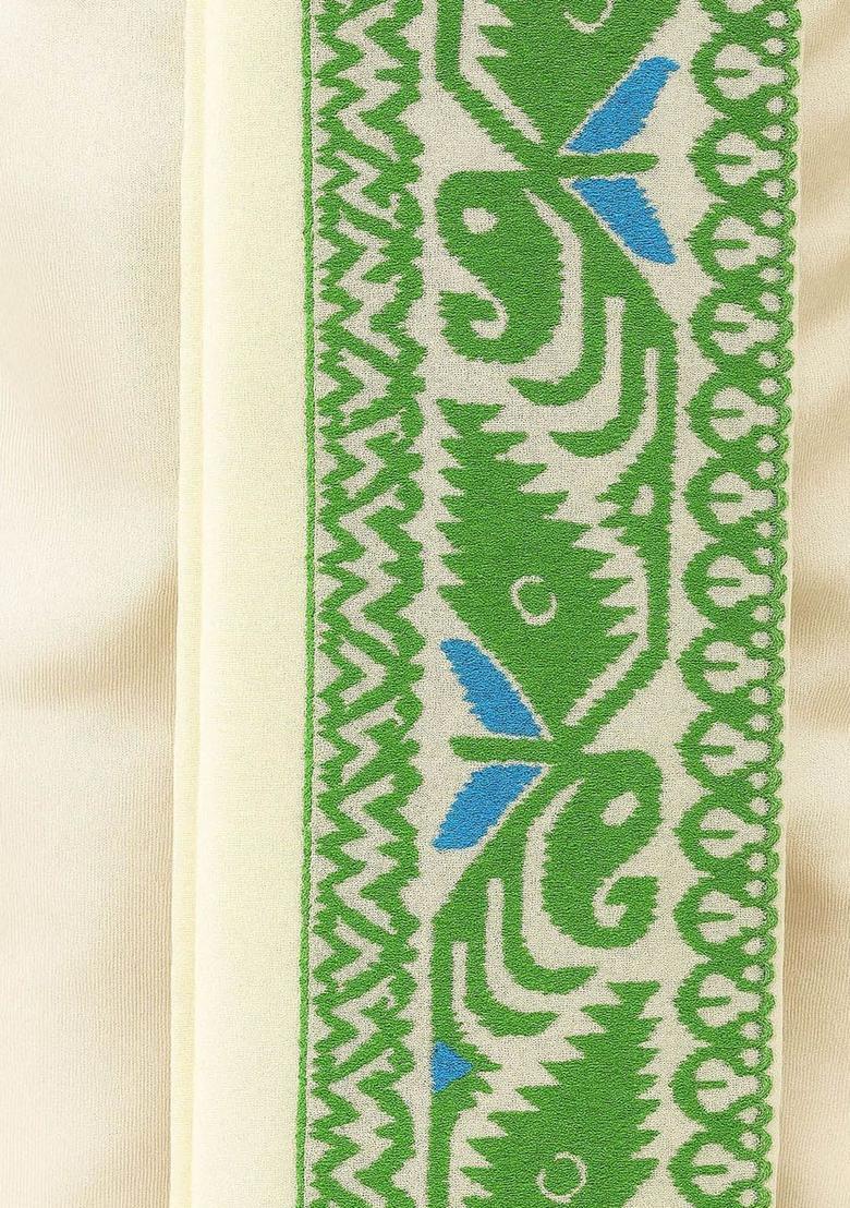 White Printed Silk Dhoti For Men  - Indya