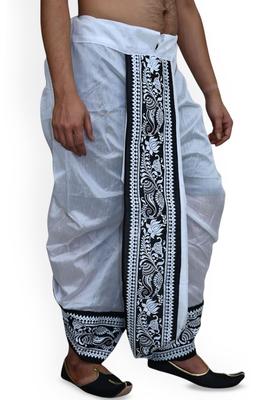 White Printed Silk Dhoti For Men 
