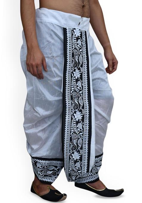 White Printed Silk Dhoti For Men 